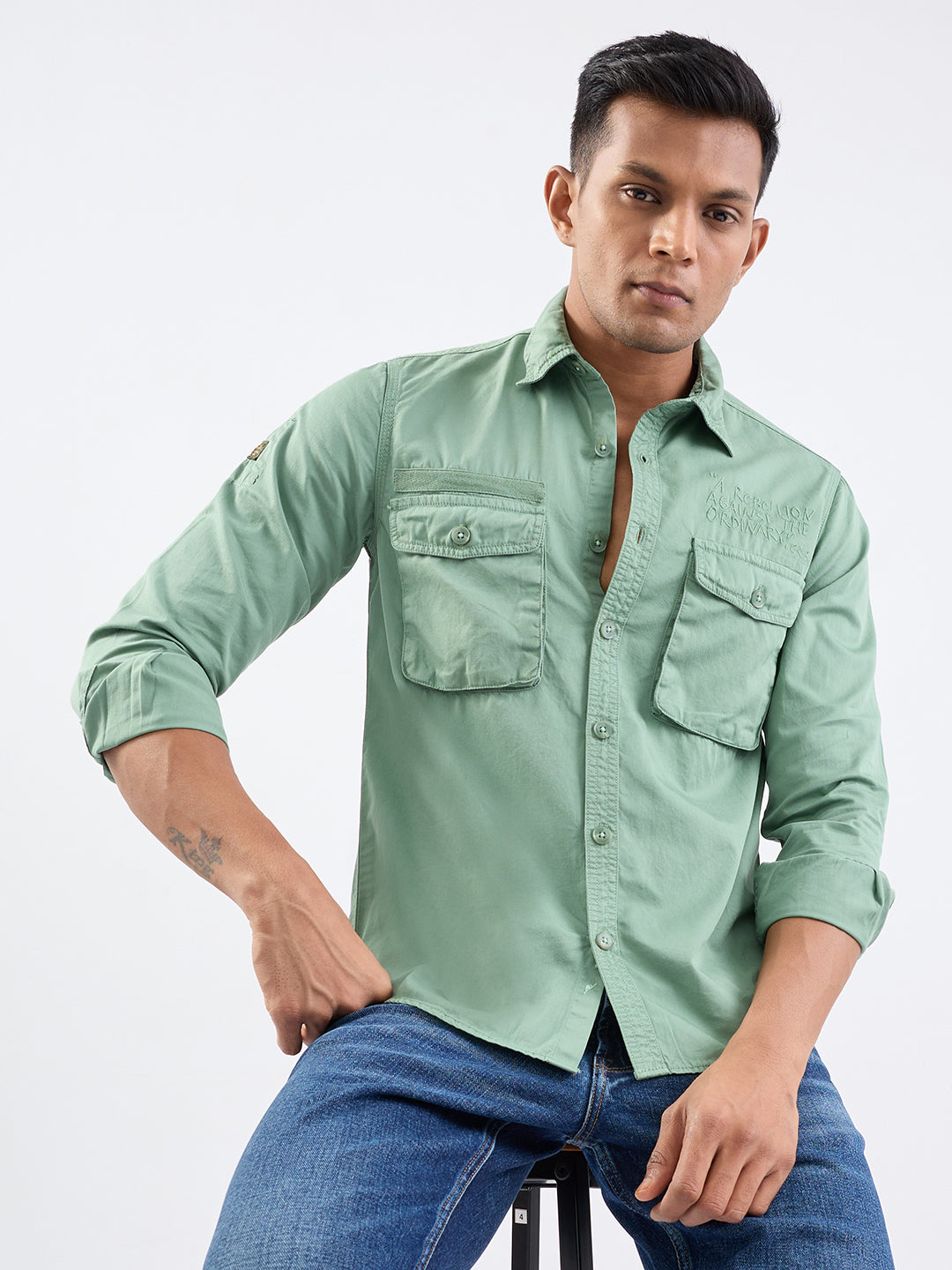Spykar Granite Green Slim Fit Casual Shirts For Men