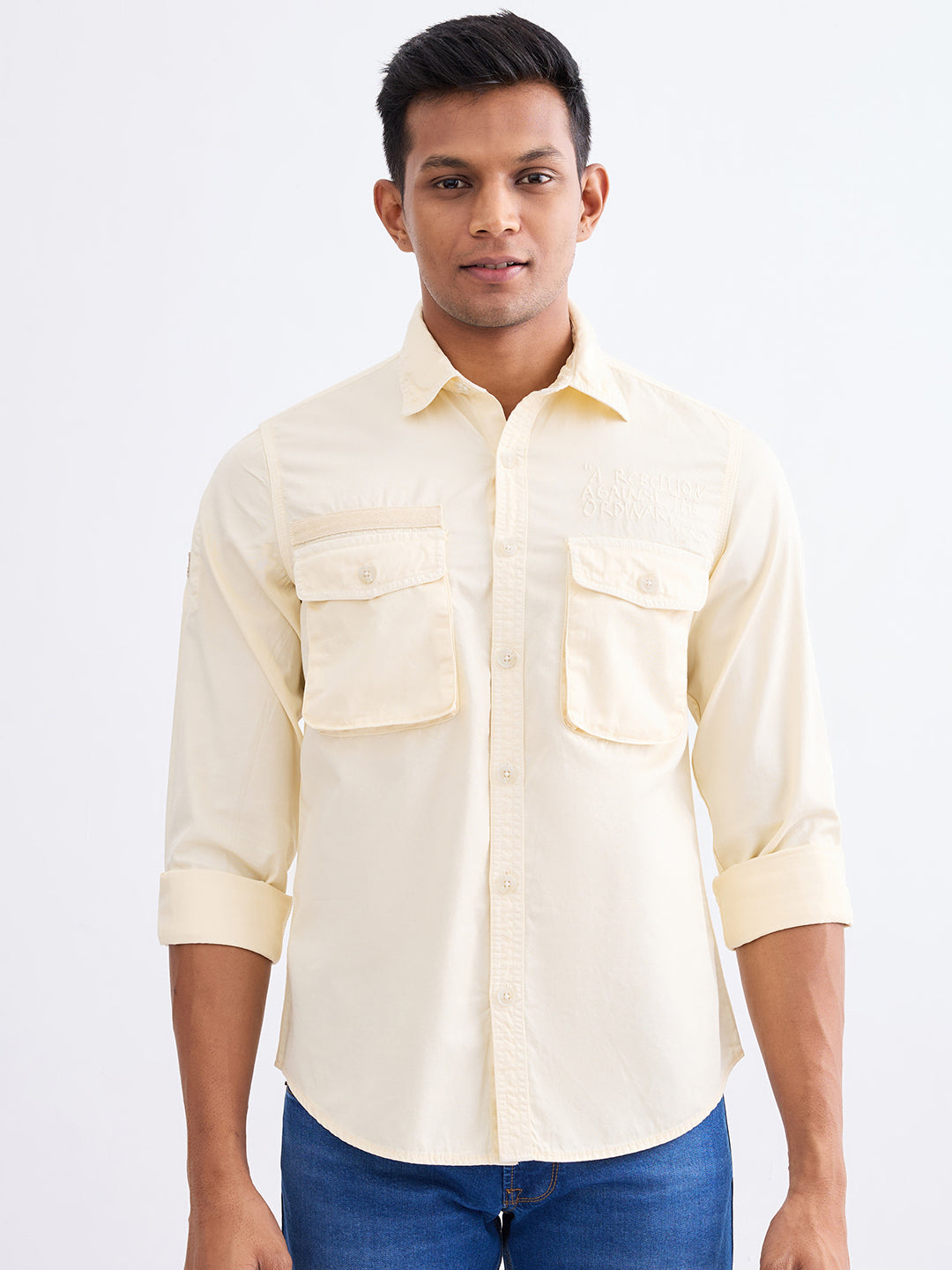 Spykar Off White Slim Fit Casual Shirts For Men