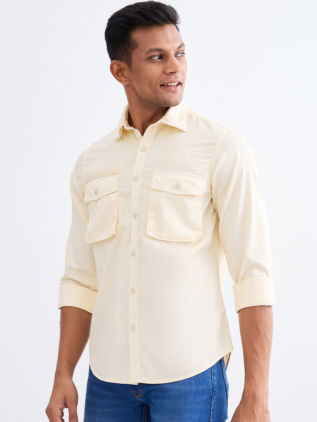 Spykar Off White Slim Fit Casual Shirts For Men