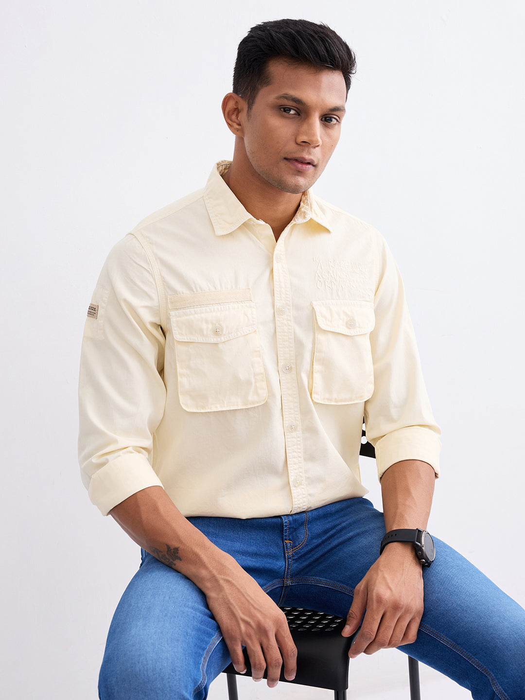 Spykar Off White Slim Fit Casual Shirts For Men