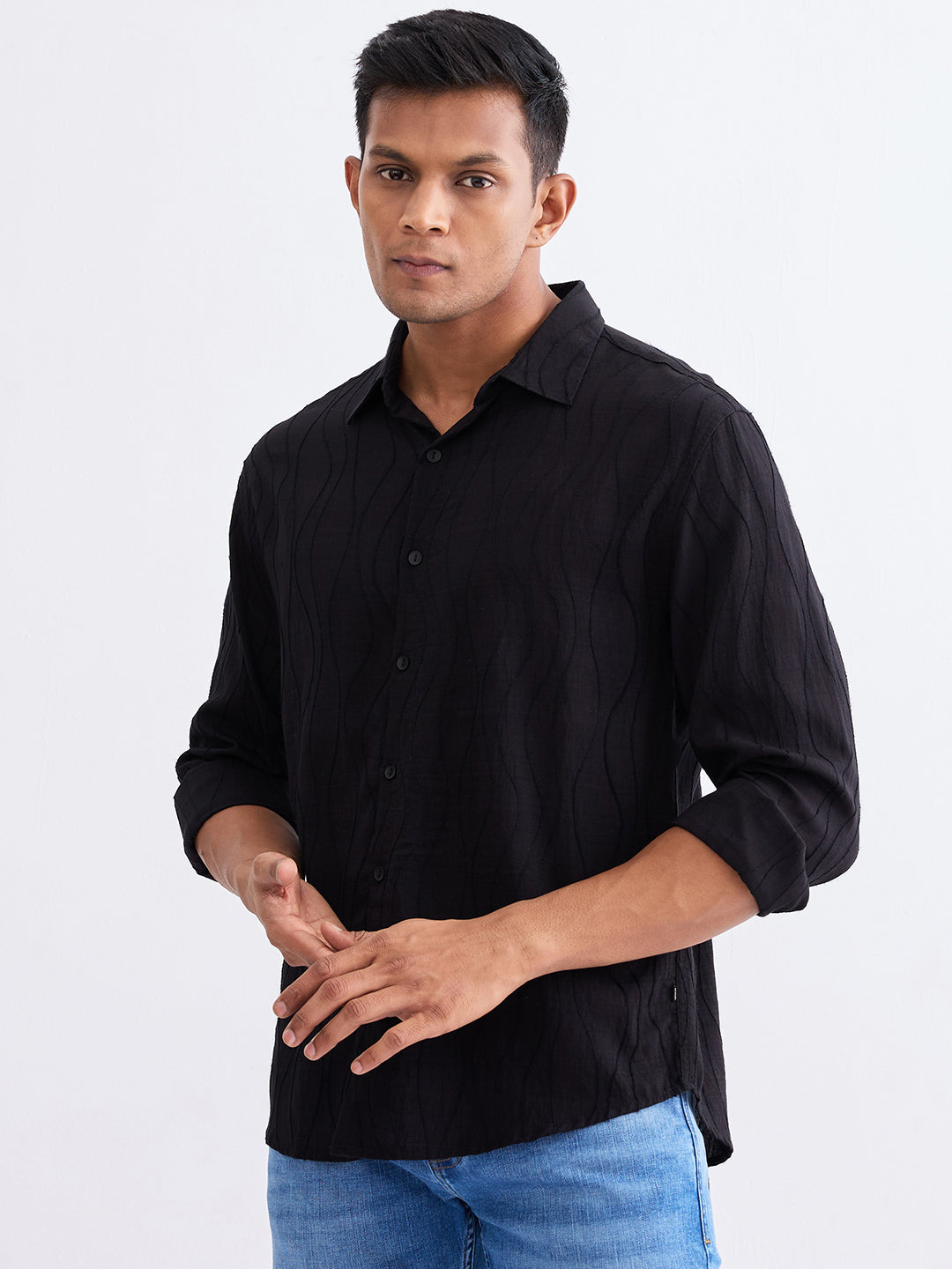 Spykar Jet Black Comfort Fit Casual Shirts For Men