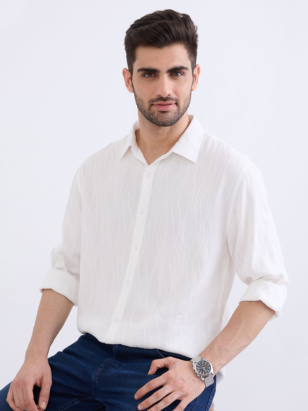 Spykar Off White Comfort Fit Casual Shirts For Men