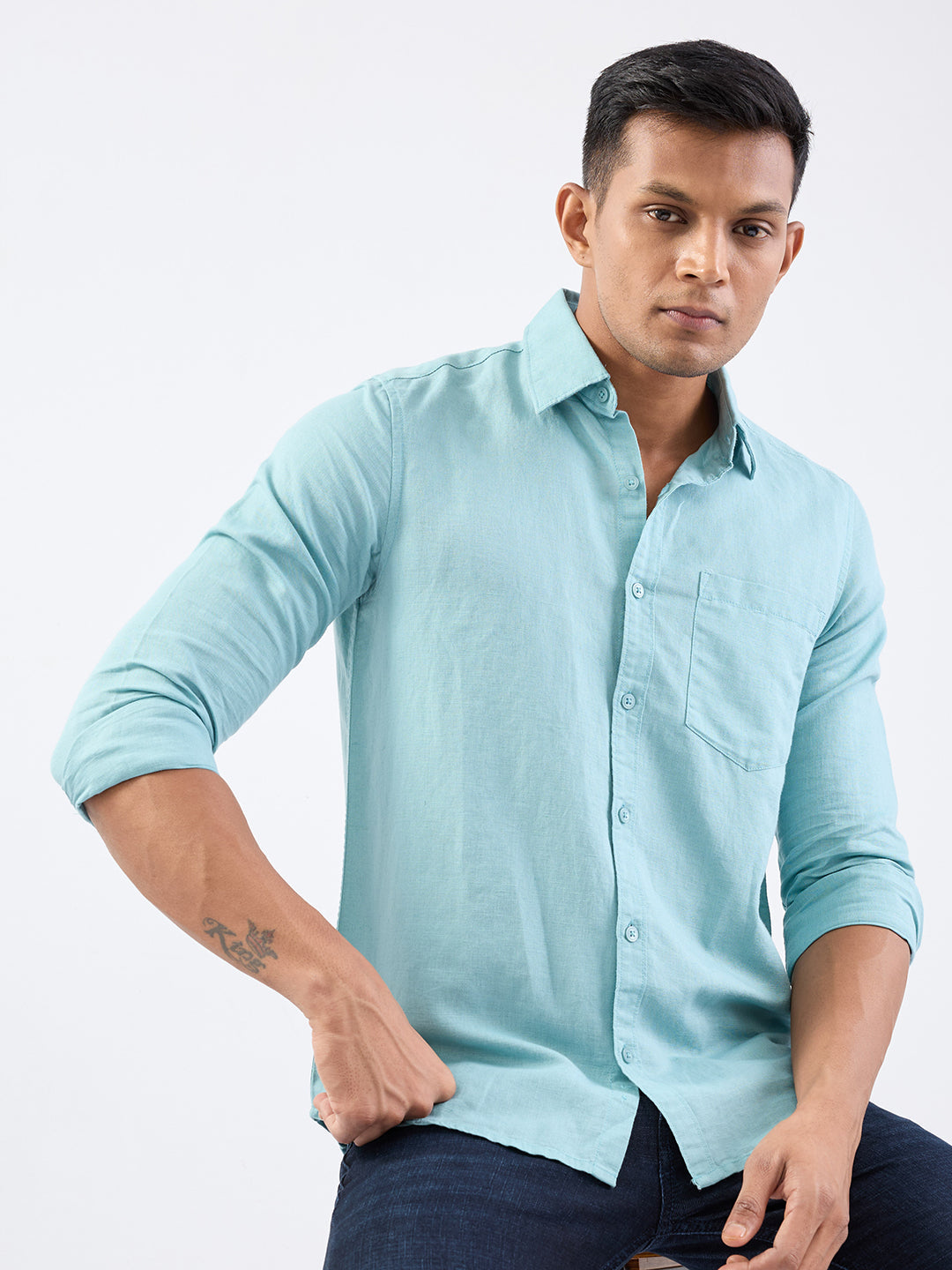 Spykar Cameo Blue Slim Fit Casual Shirts For Men