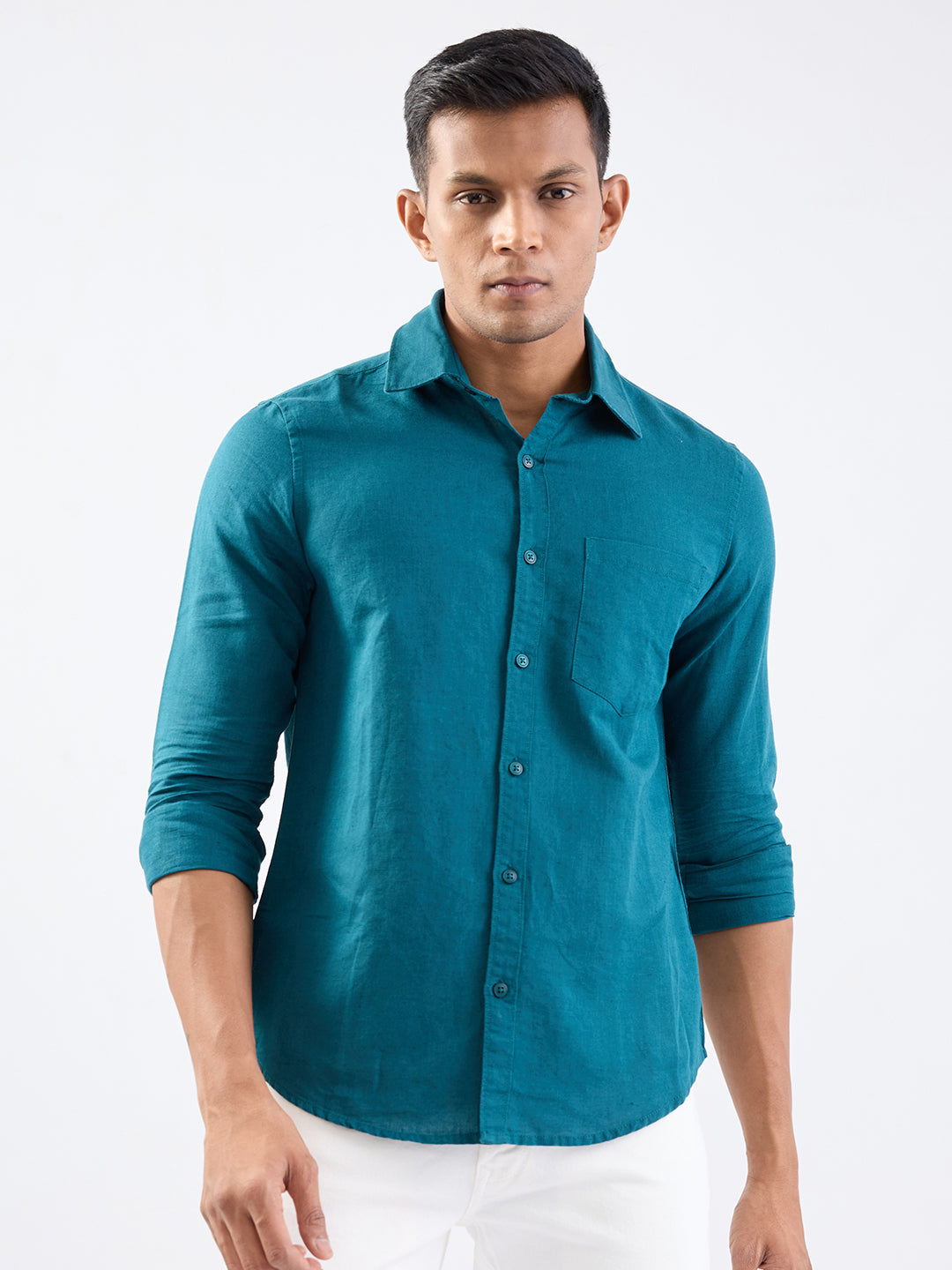 Spykar Teal Green Slim Fit Casual Shirts For Men