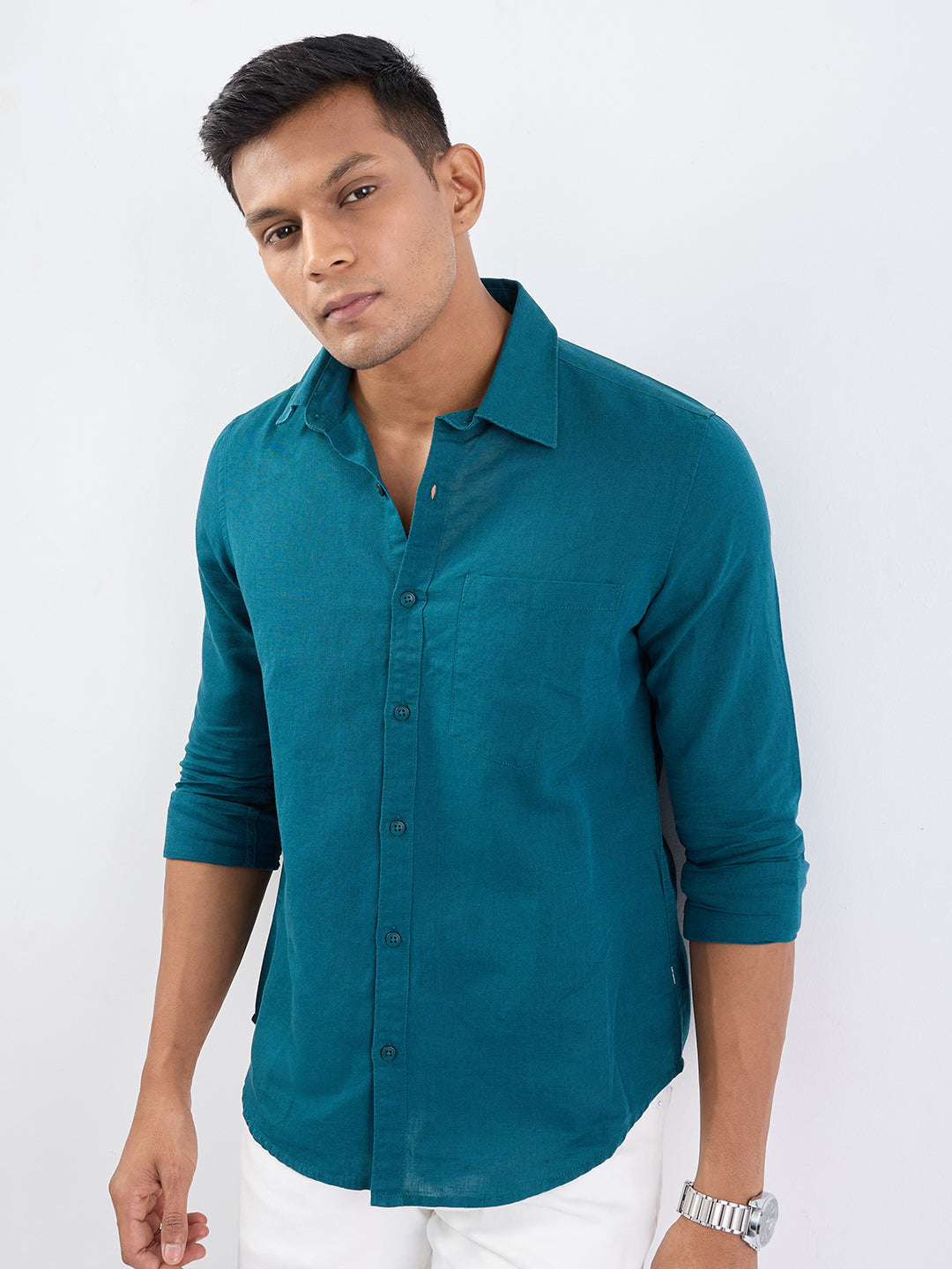 Spykar Teal Green Slim Fit Casual Shirts For Men