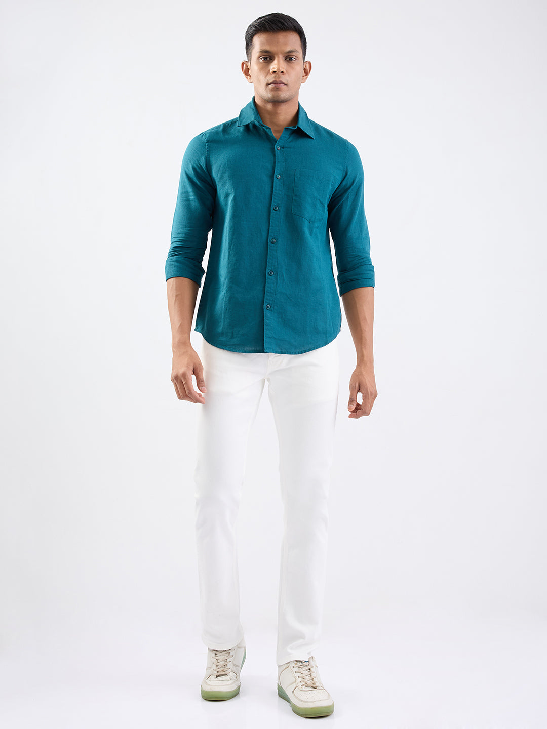 Spykar Teal Green Slim Fit Casual Shirts For Men