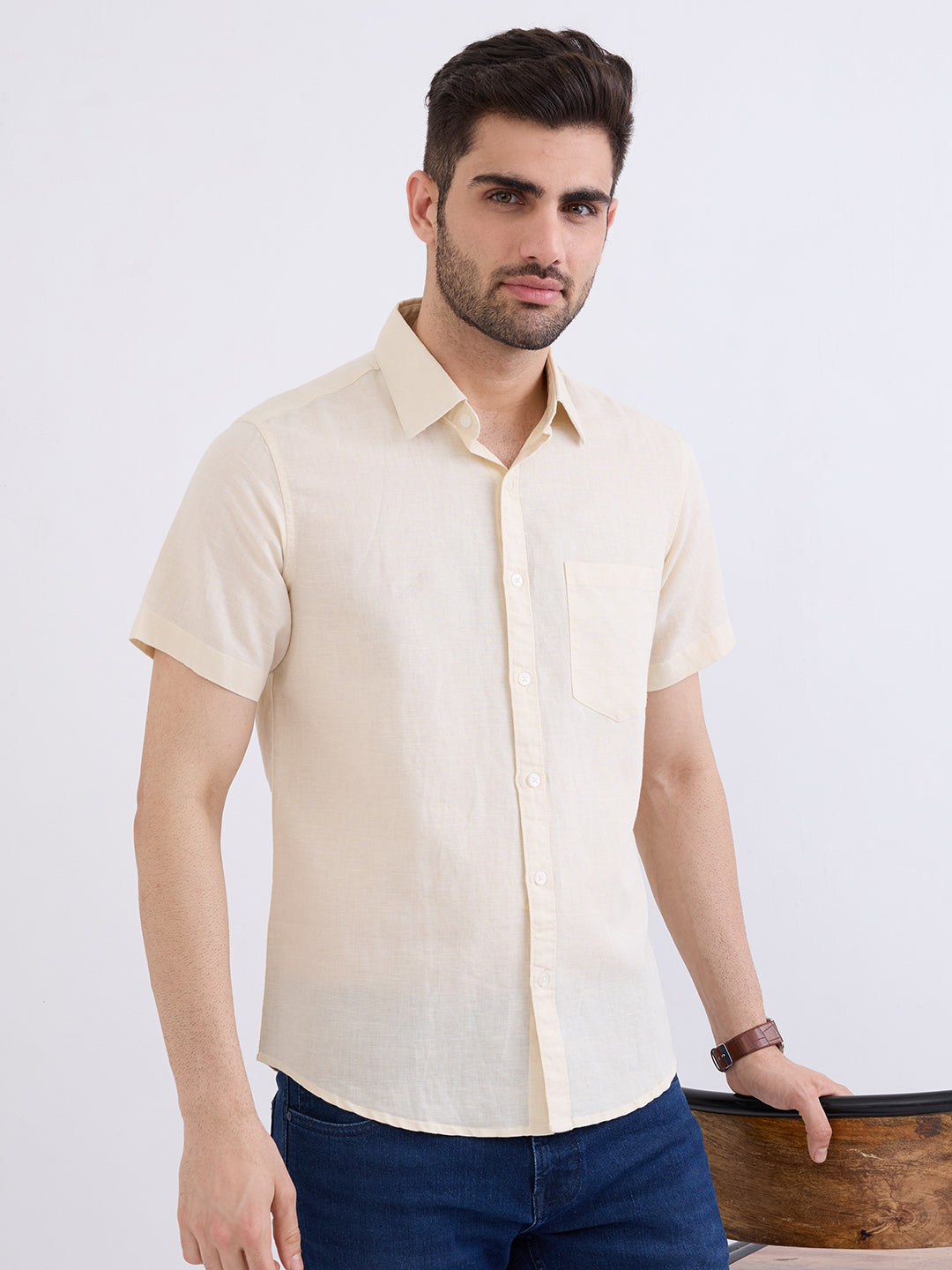 Spykar Cream White Slim Fit Casual Shirts For Men