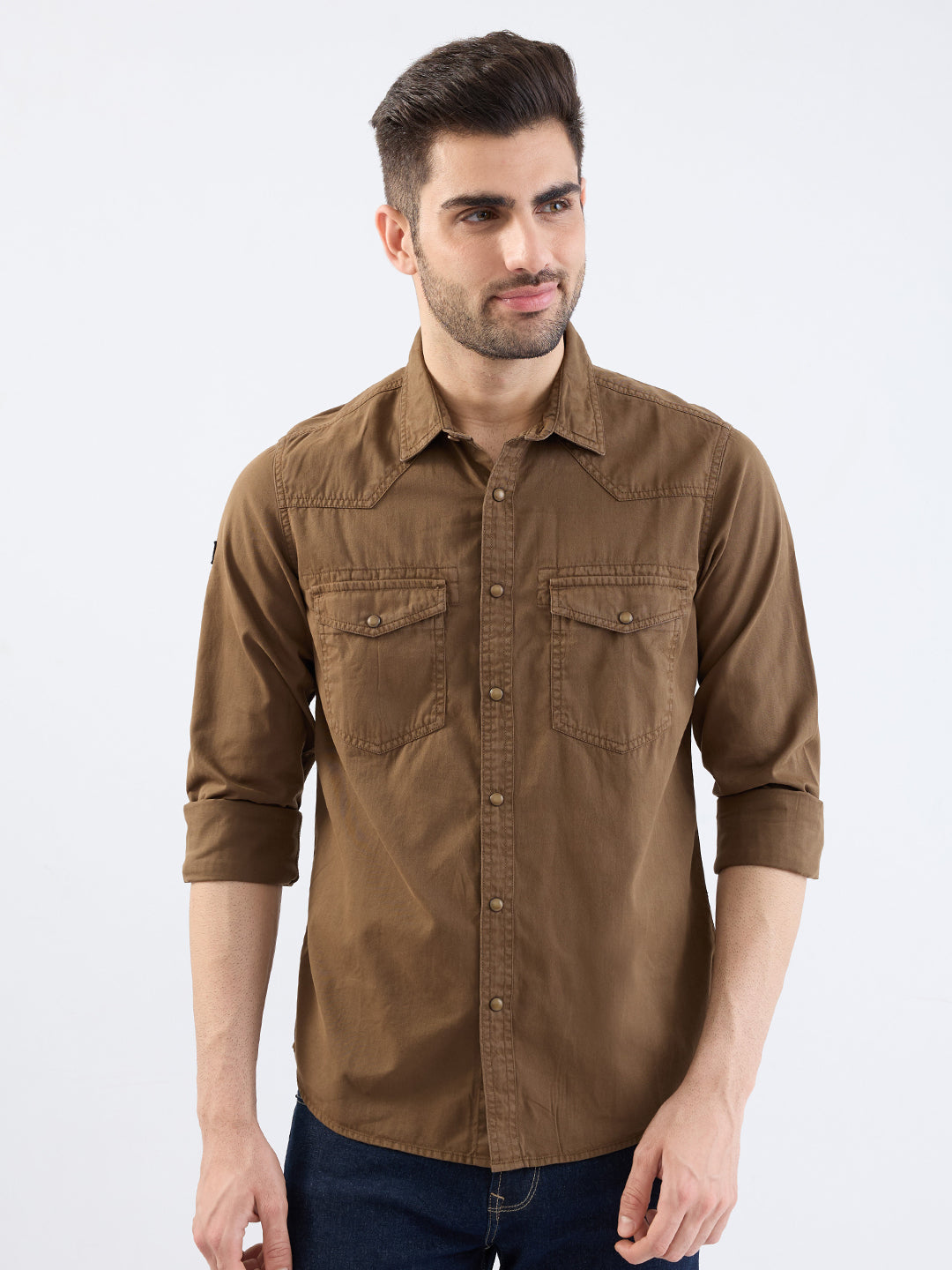 Spykar Bison Brown Slim Fit Casual Shirts For Men