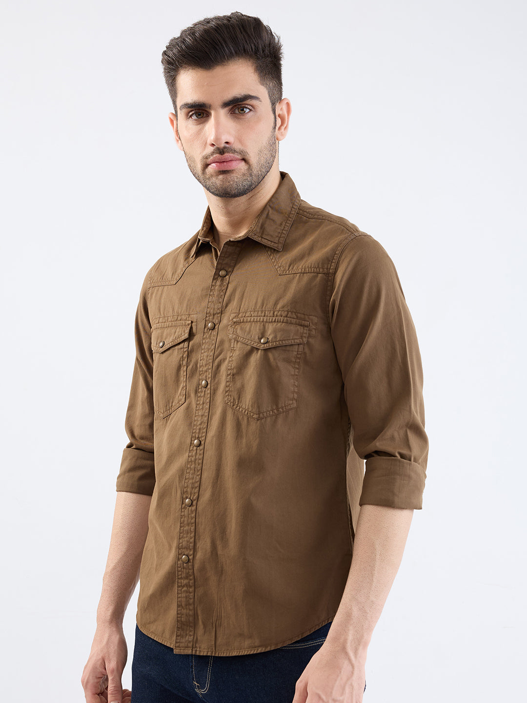 Spykar Bison Brown Slim Fit Casual Shirts For Men