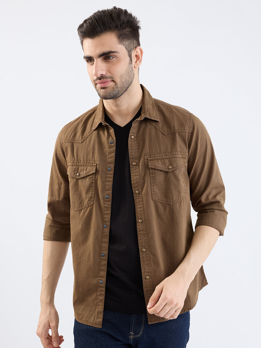 Spykar Bison Brown Slim Fit Casual Shirts For Men