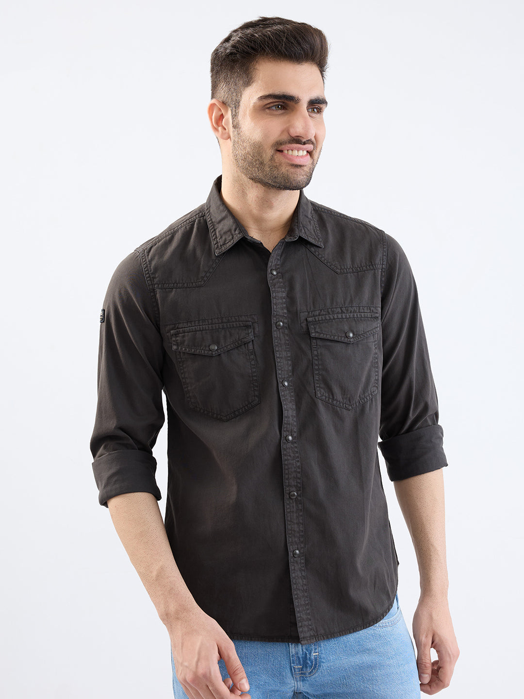 Spykar Charcoal Grey Slim Fit Casual Shirts For Men
