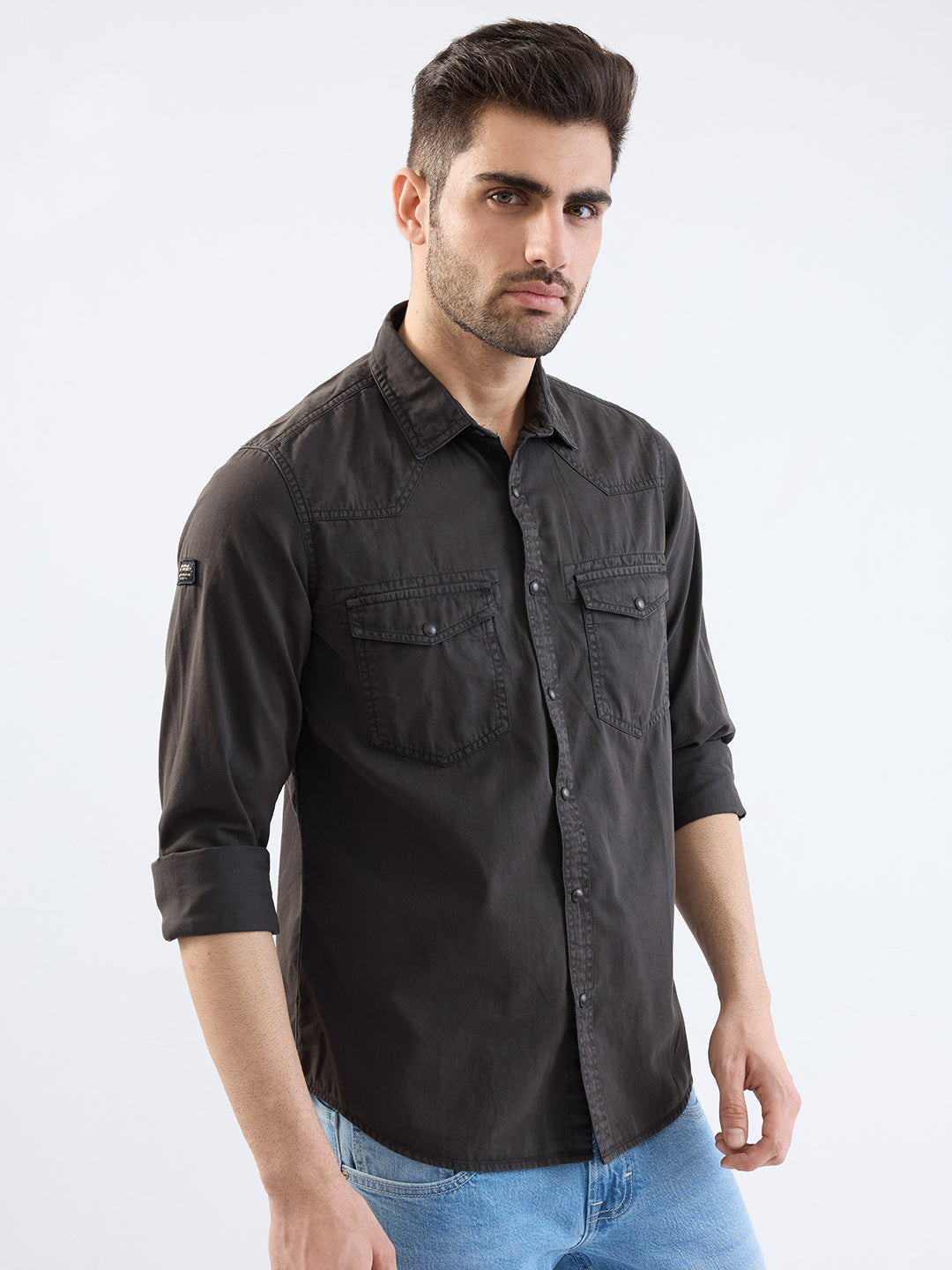 Spykar Charcoal Grey Slim Fit Casual Shirts For Men