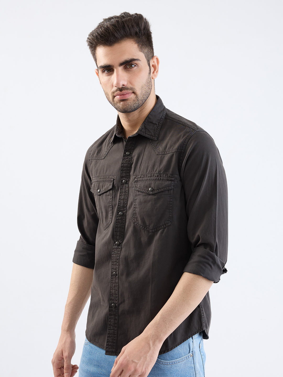 Spykar Charcoal Grey Slim Fit Casual Shirts For Men