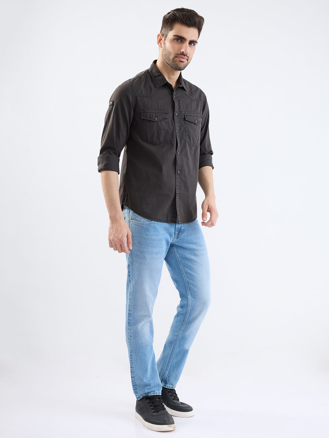 Spykar Charcoal Grey Slim Fit Casual Shirts For Men