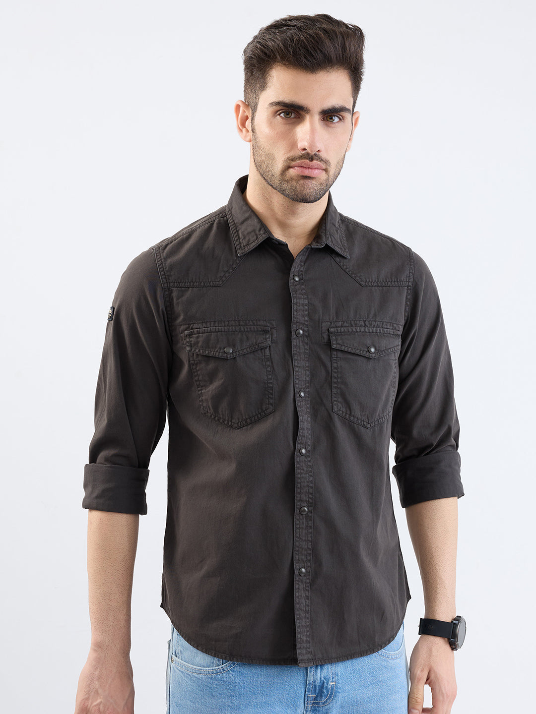 Spykar Charcoal Grey Slim Fit Casual Shirts For Men