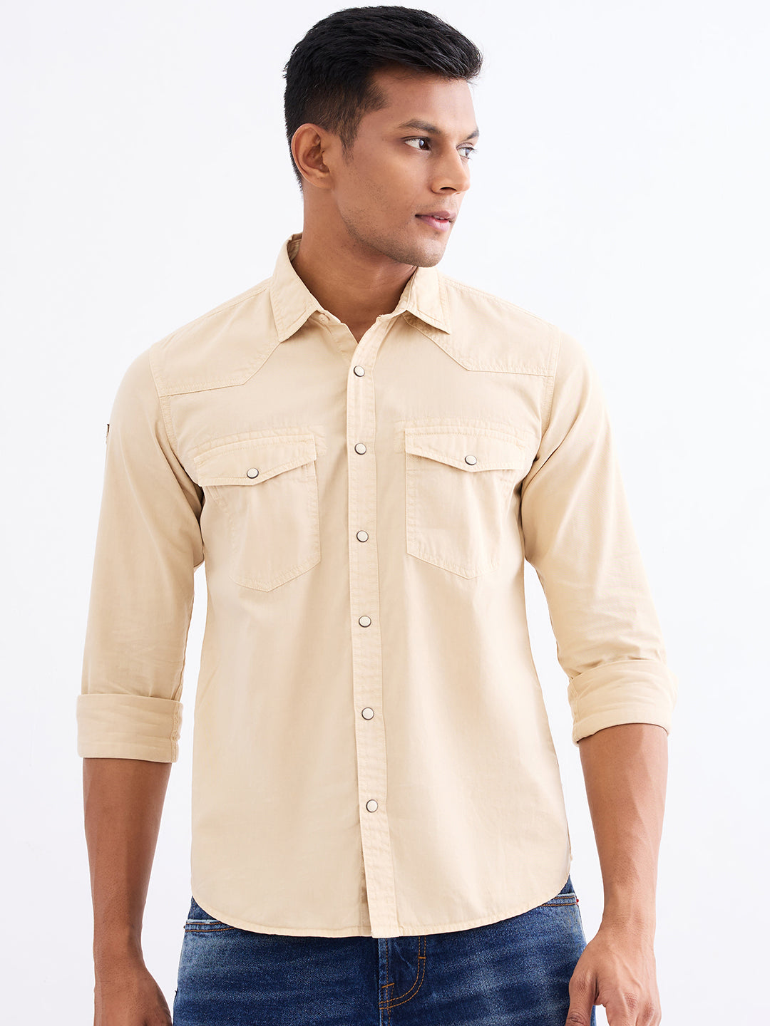 Spykar Taupe Beige Slim Fit Casual Shirts For Men