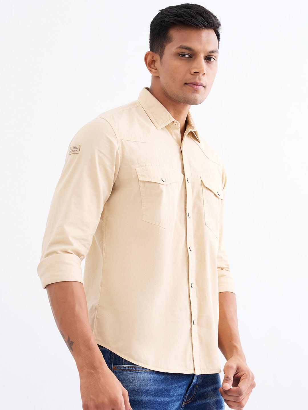 Spykar Taupe Beige Slim Fit Casual Shirts For Men