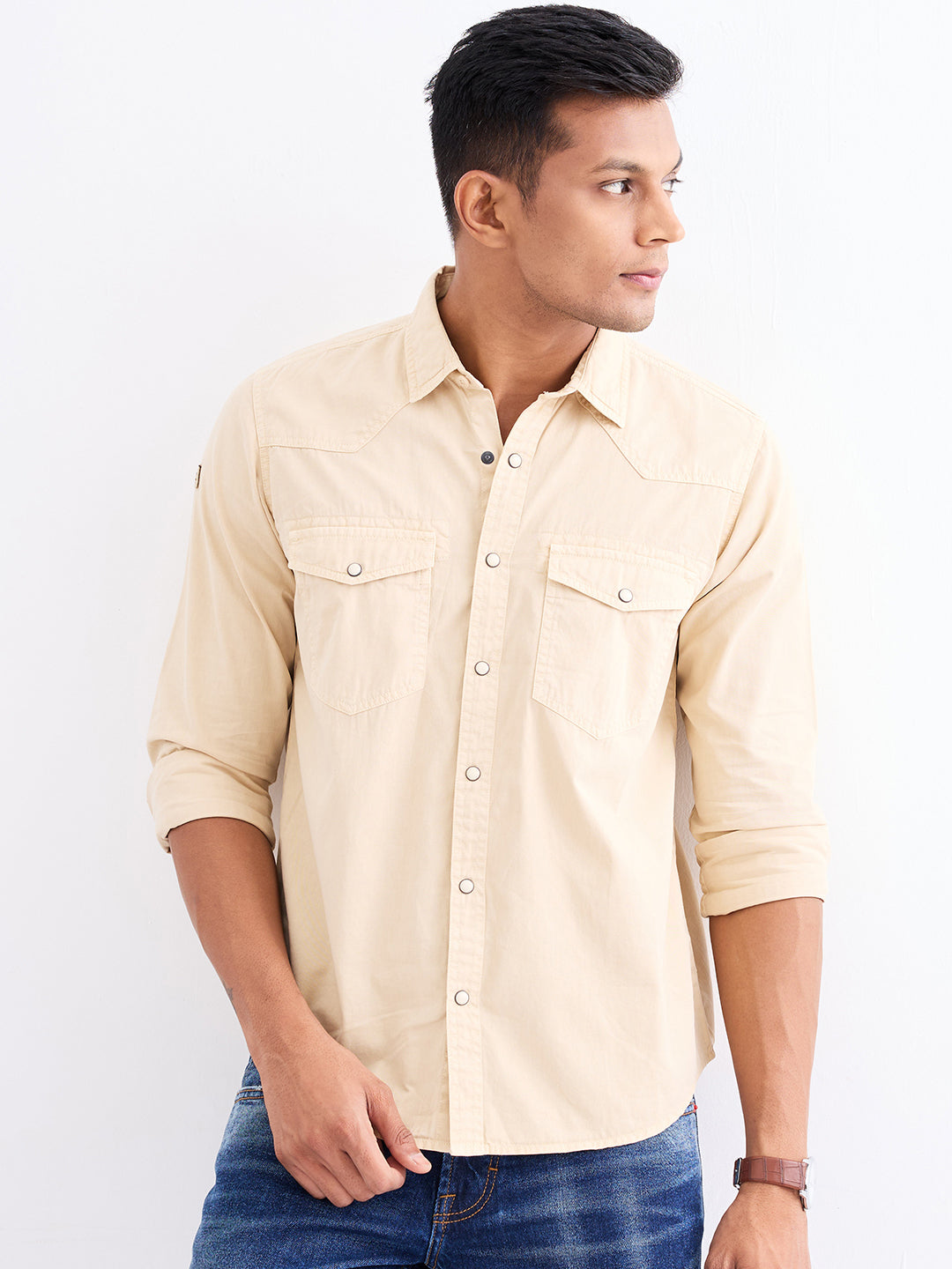 Spykar Taupe Beige Slim Fit Casual Shirts For Men