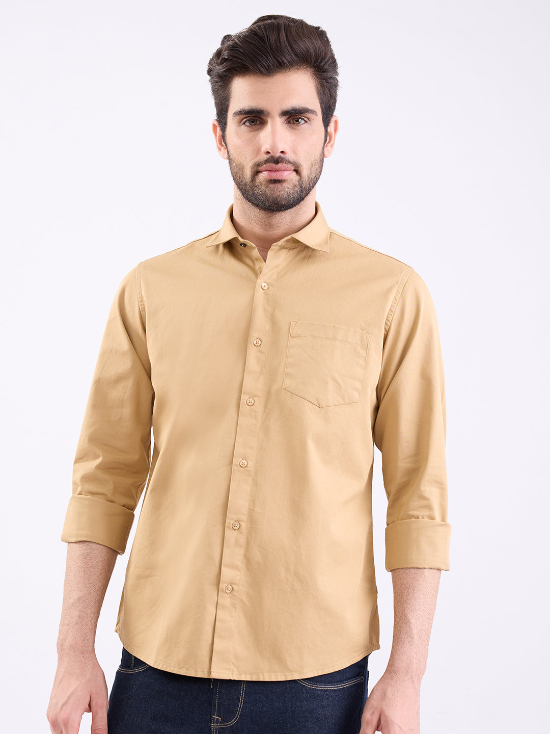 Spykar Camel Khaki Slim Fit Casual Shirts For Men