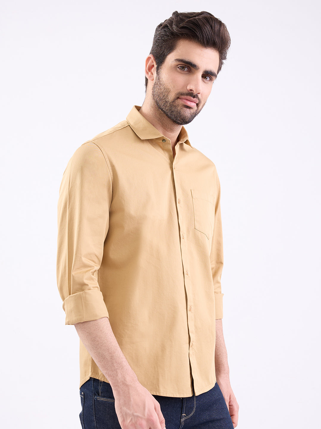 Spykar Camel Khaki Slim Fit Casual Shirts For Men