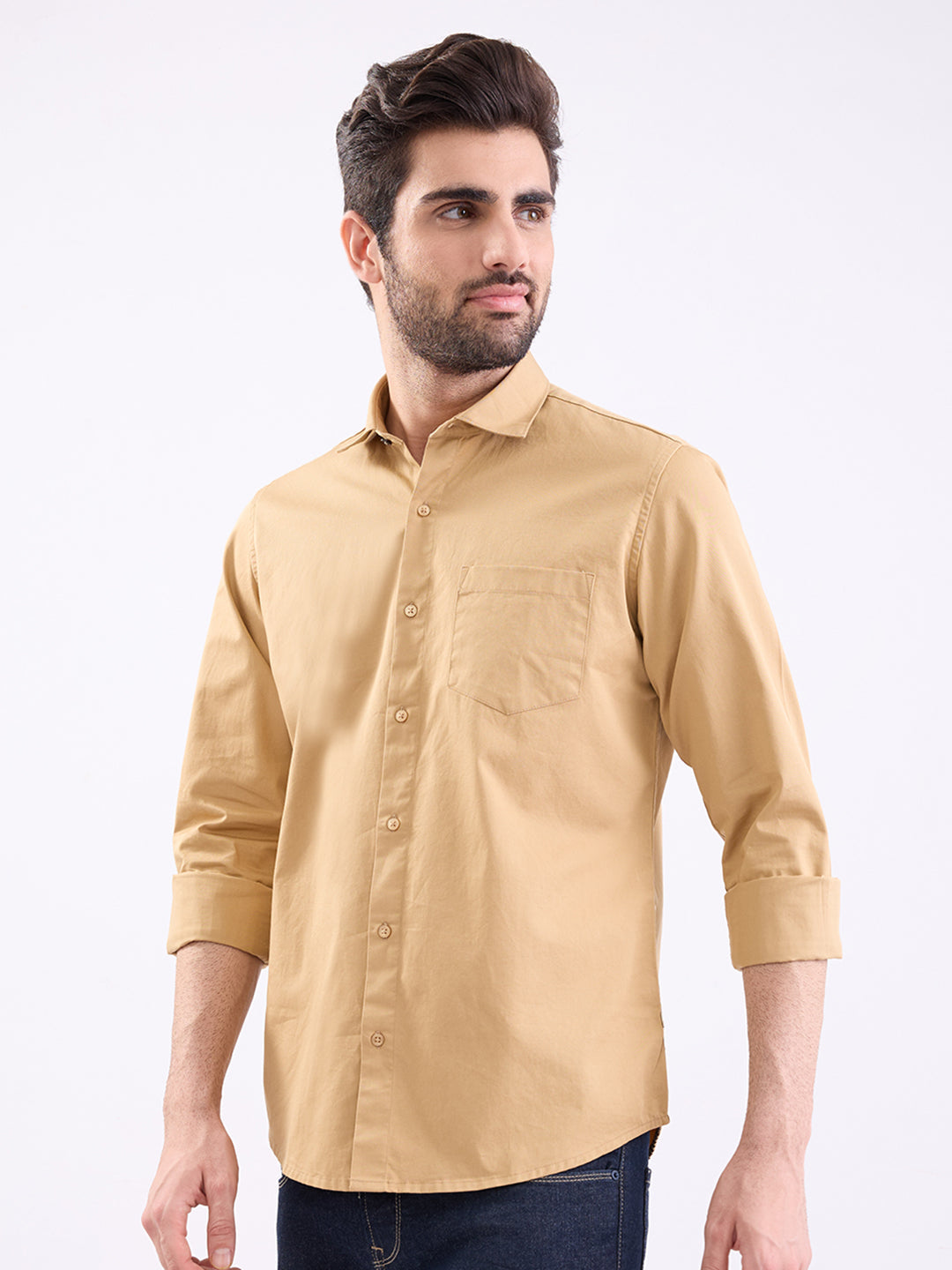 Spykar Camel Khaki Slim Fit Casual Shirts For Men