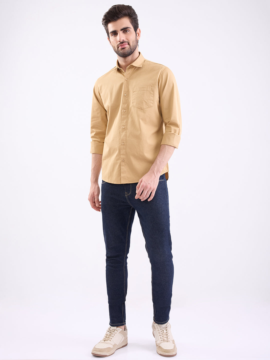 Spykar Camel Khaki Slim Fit Casual Shirts For Men