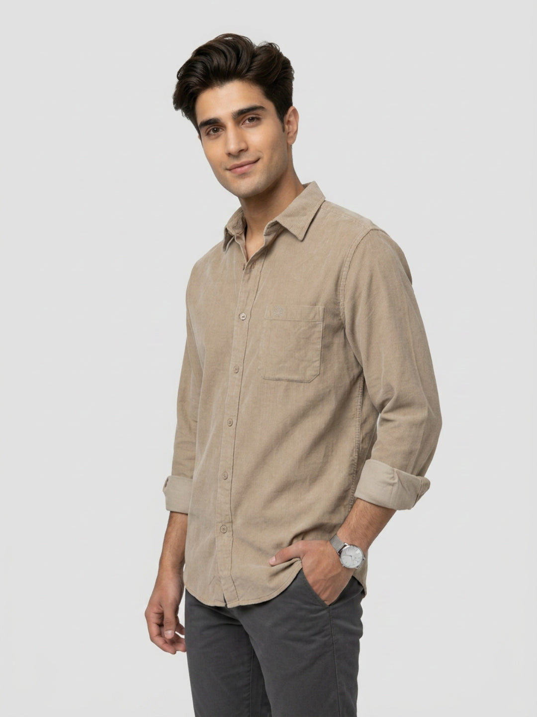 Men Shirt Solid Beige Regular Fit