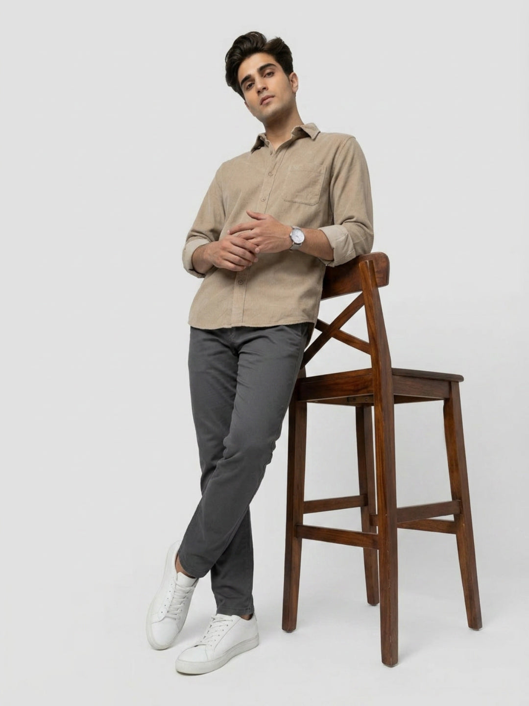 Men Shirt Solid Beige Regular Fit
