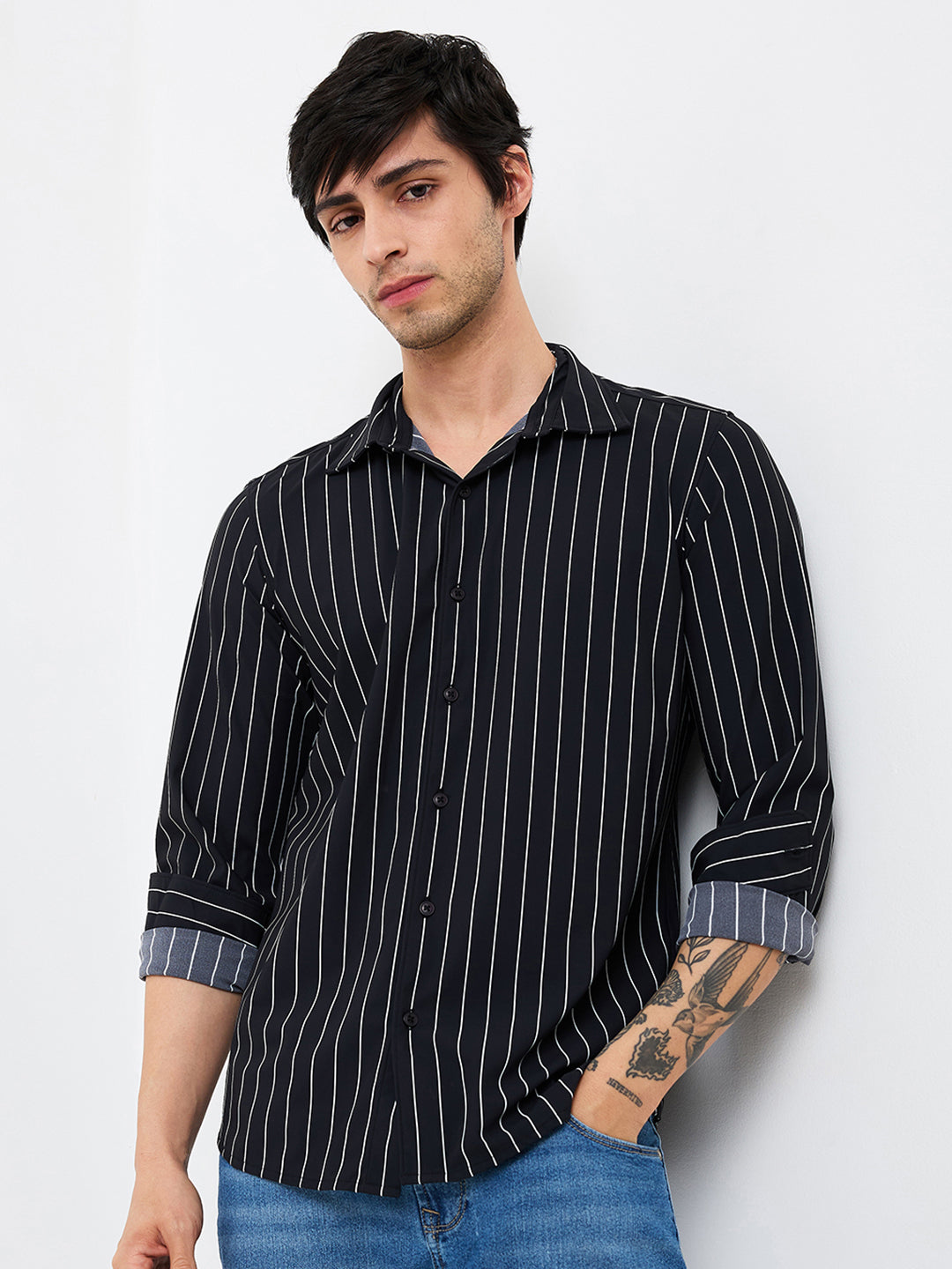 Spykar Black Slim Fit Striped Full Sleeve Shirt For Men