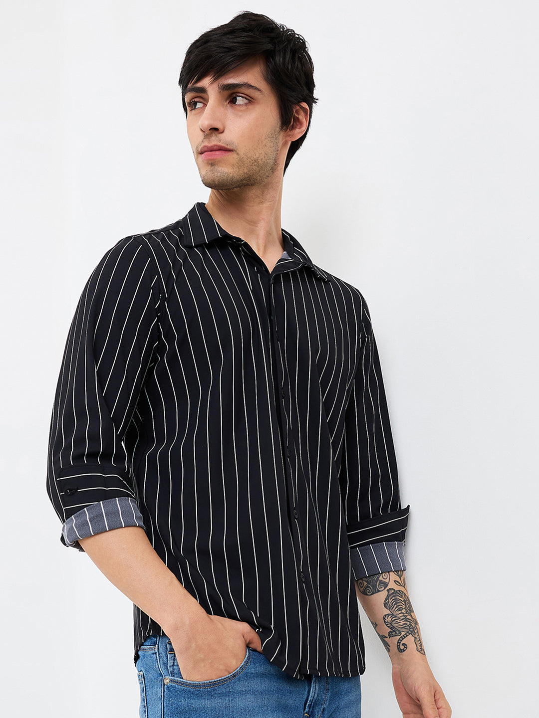 Spykar Black Slim Fit Striped Full Sleeve Shirt For Men