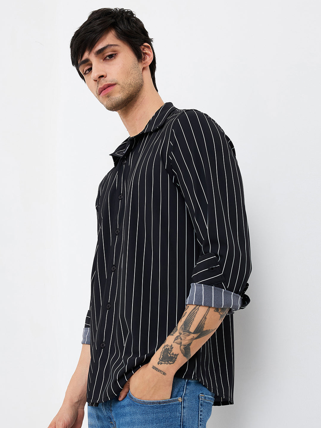 Spykar Black Slim Fit Striped Full Sleeve Shirt For Men