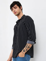Men Shirt Stripe Black Slim Fit
