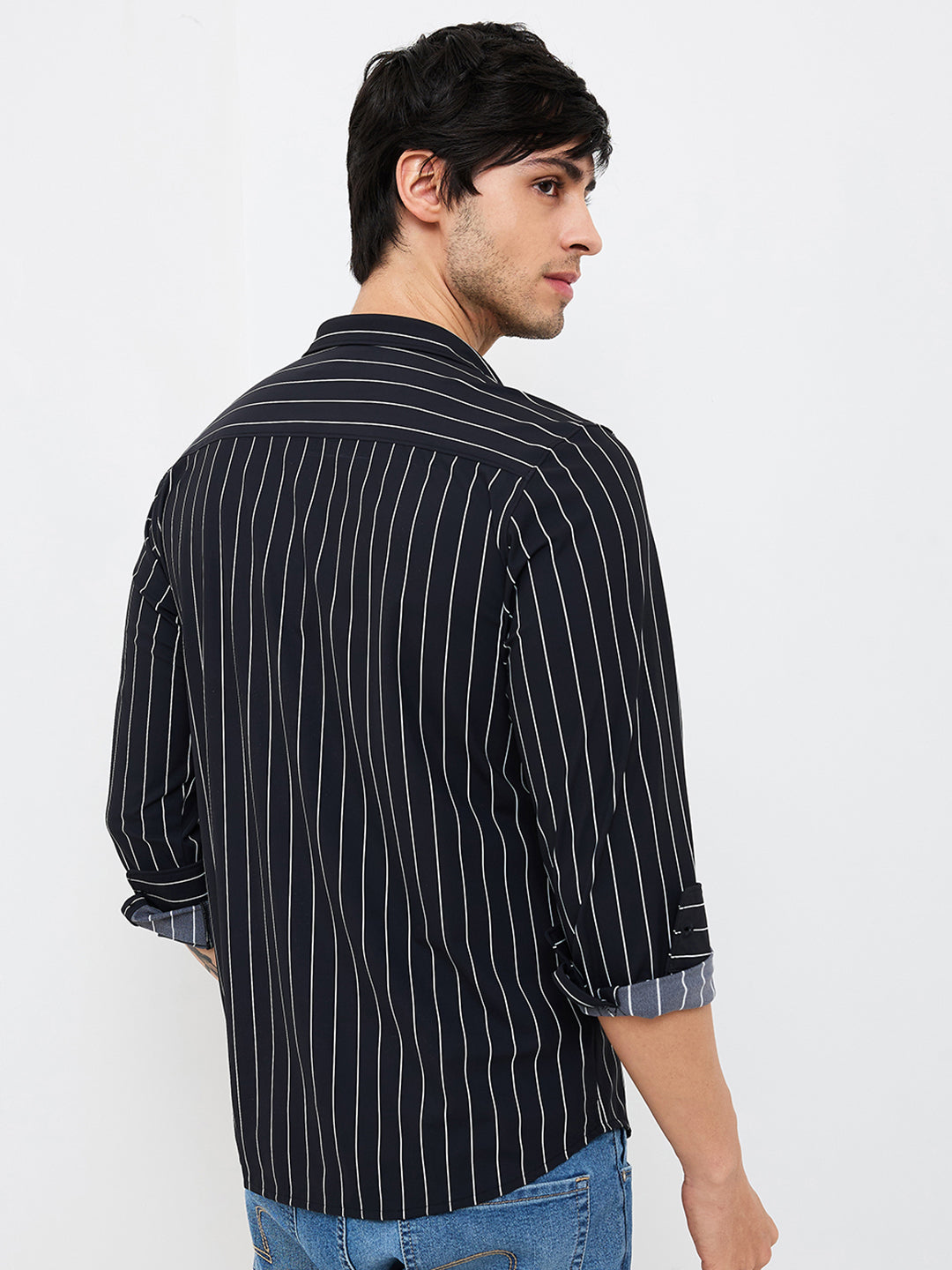 Spykar Black Slim Fit Striped Full Sleeve Shirt For Men