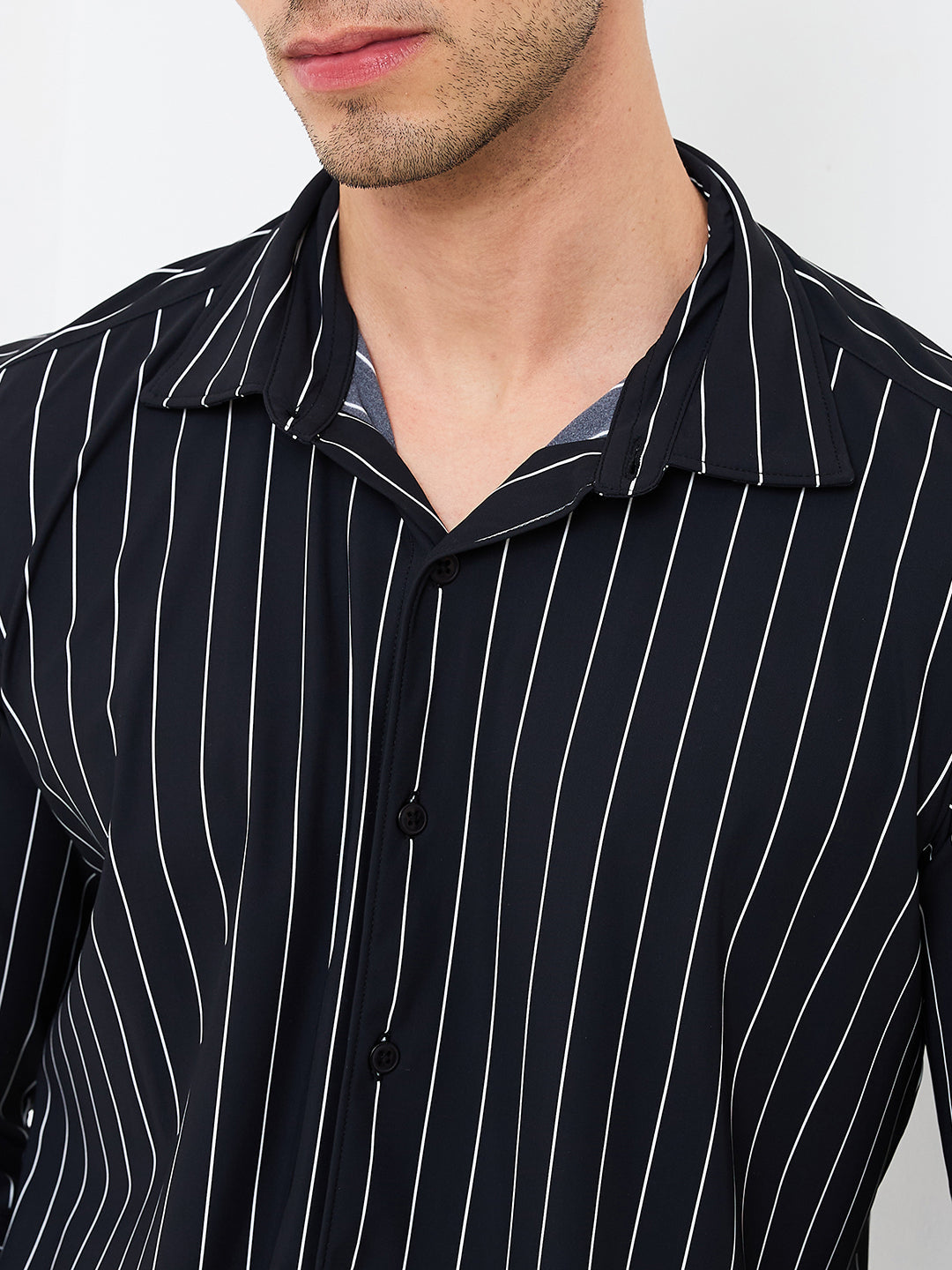Men Shirt Stripe Black Slim Fit