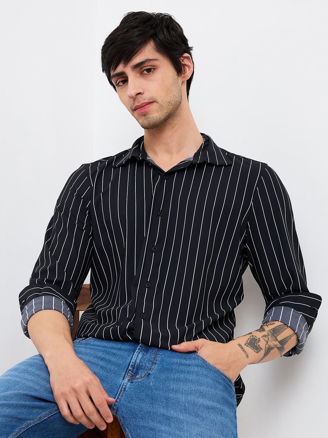 Spykar Black Slim Fit Striped Full Sleeve Shirt For Men