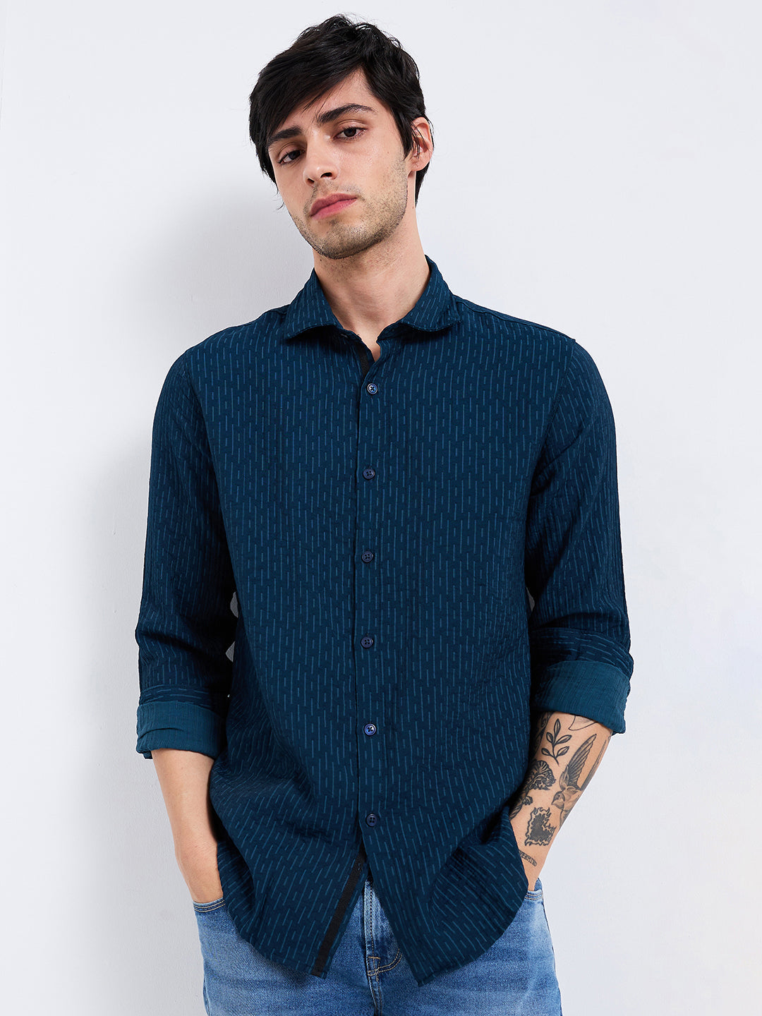 Spykar Blue Slim Fit Striped Full Sleeve Shirt For Men