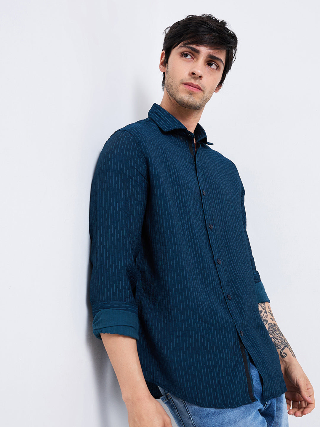 Spykar Blue Slim Fit Striped Full Sleeve Shirt For Men