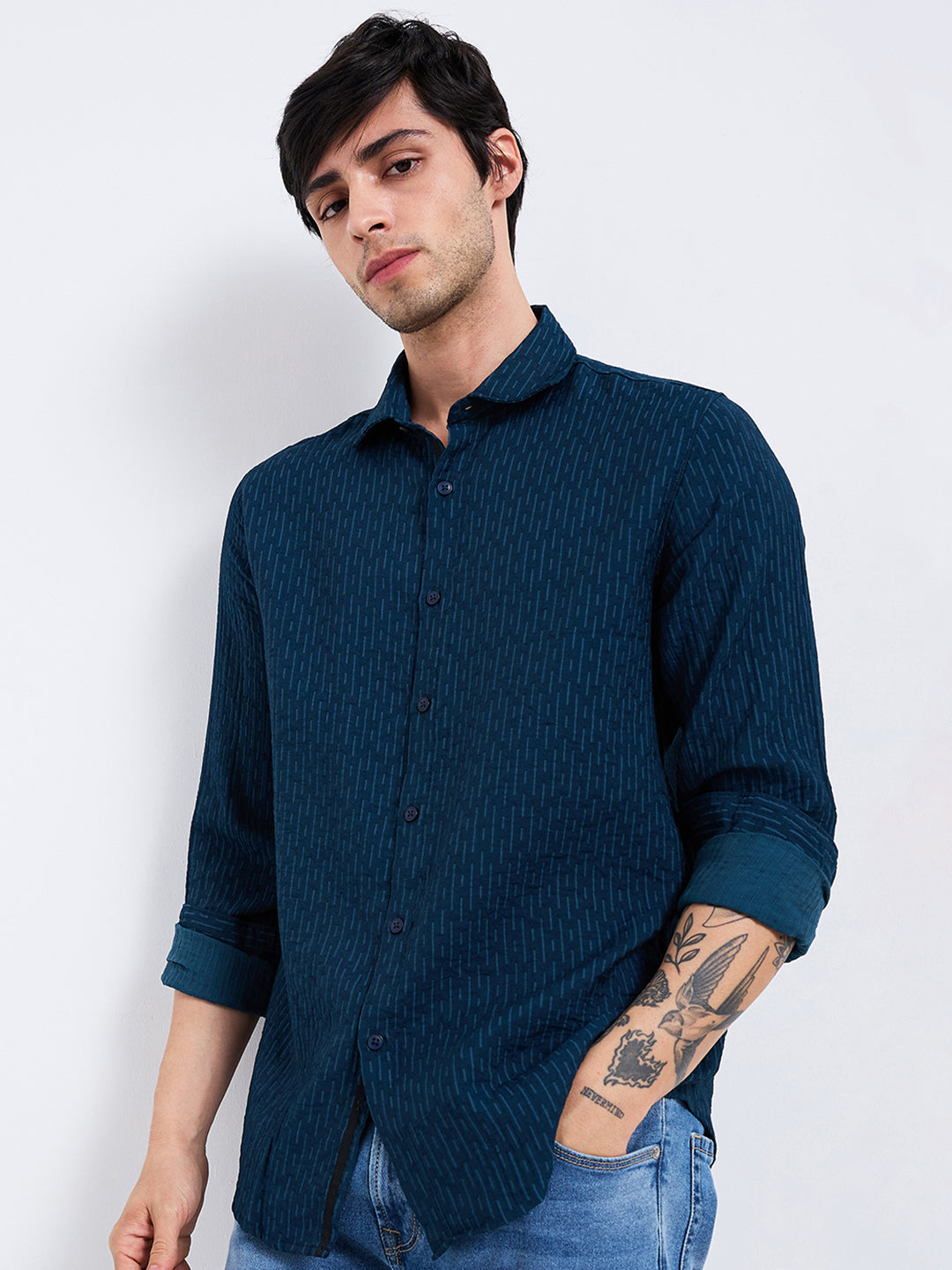 Spykar Blue Slim Fit Striped Full Sleeve Shirt For Men