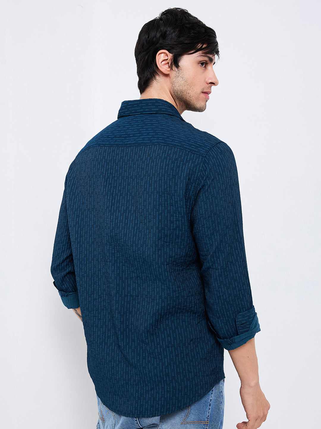 Spykar Blue Slim Fit Striped Full Sleeve Shirt For Men