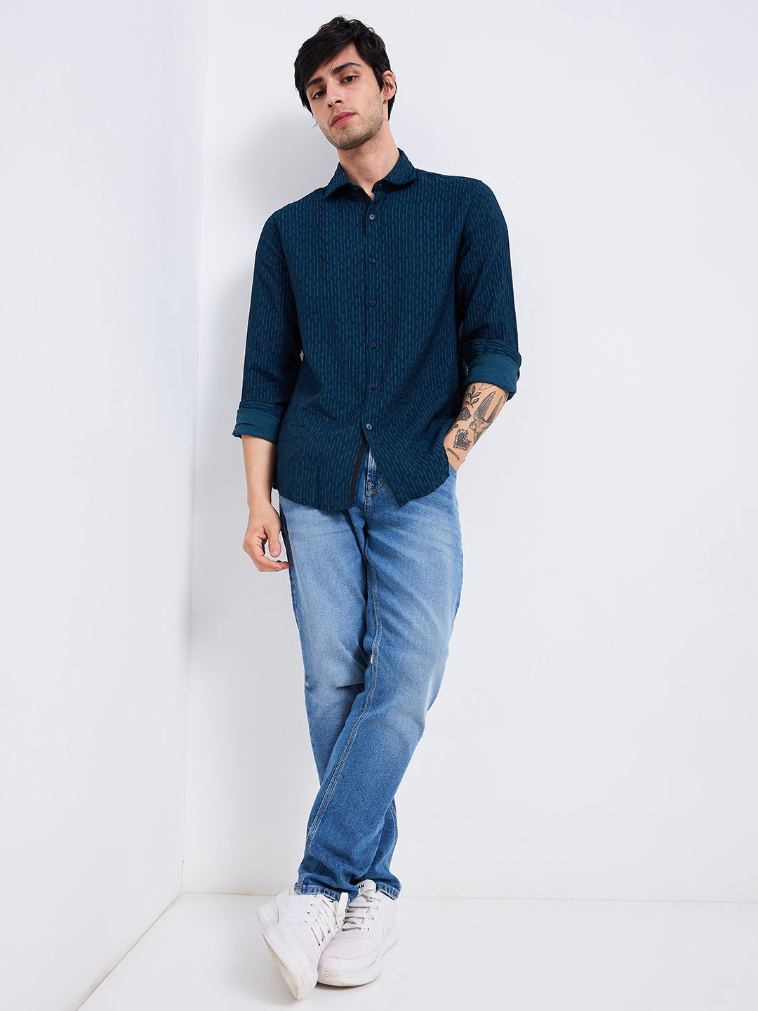 Spykar Blue Slim Fit Striped Full Sleeve Shirt For Men