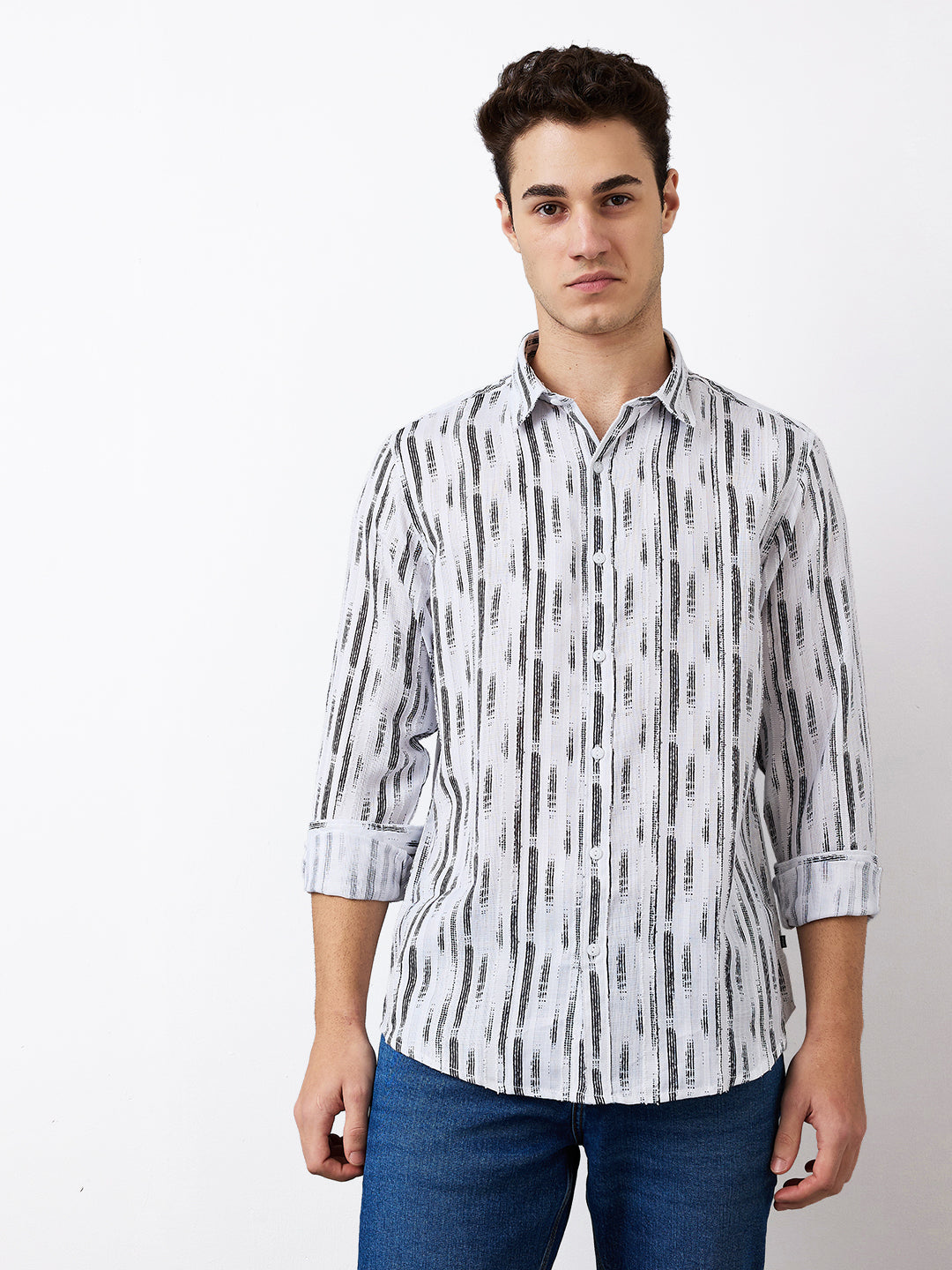 Spykar White Slim Fit Striped Full Sleeve Shirt For Men