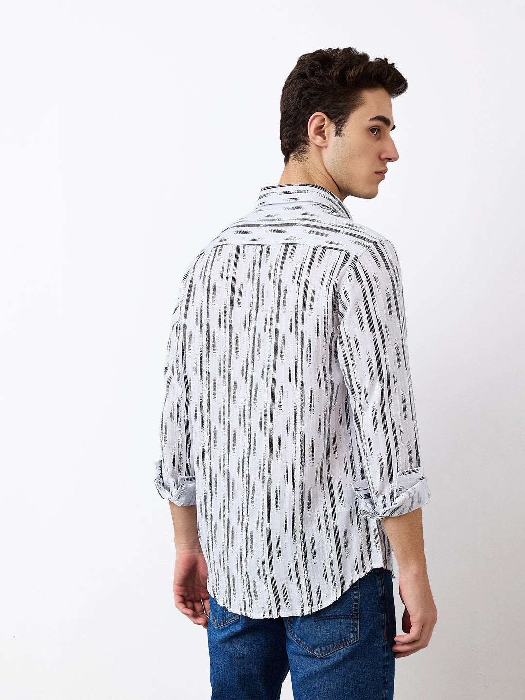 Spykar White Slim Fit Striped Full Sleeve Shirt For Men
