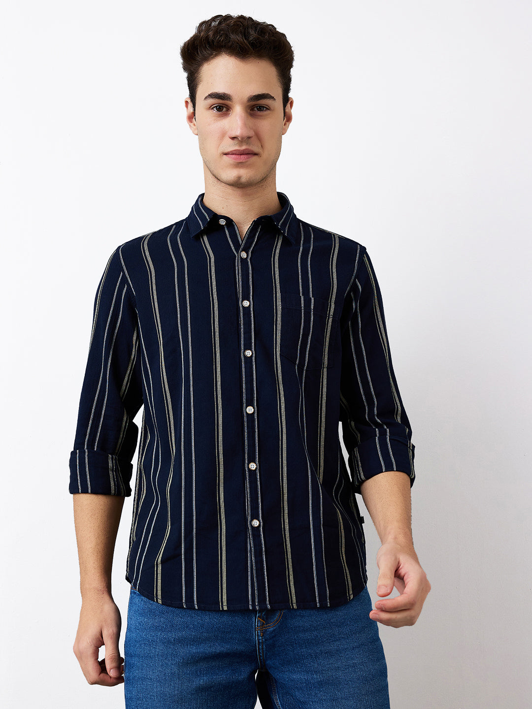 Spykar Blue Slim Fit Striped Full Sleeve Shirt For Men