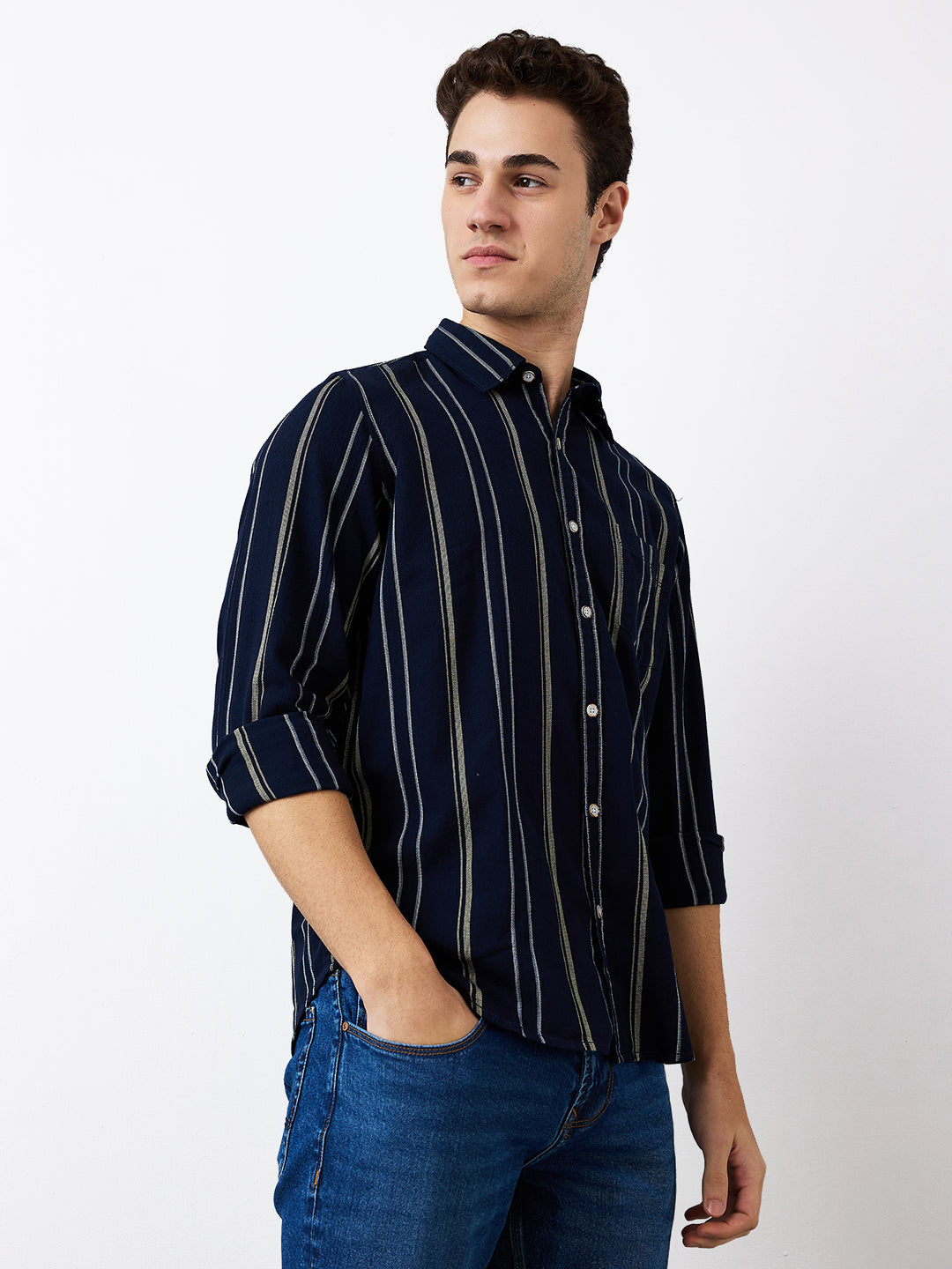 Spykar Navy Blue Slim Fit Casual Shirts For Men