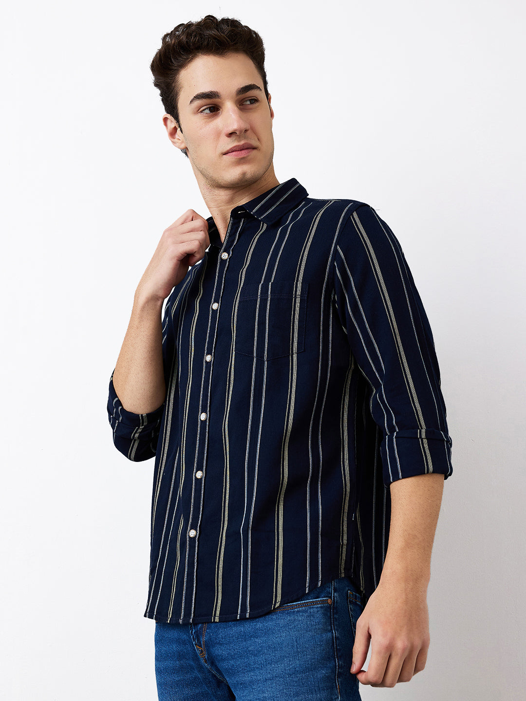 Spykar Navy Blue Slim Fit Casual Shirts For Men