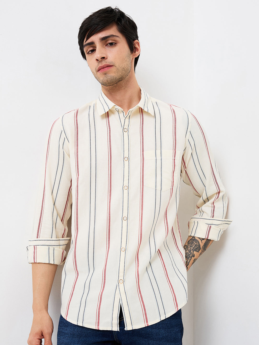 Spykar Off White Slim Fit Casual Shirts For Men