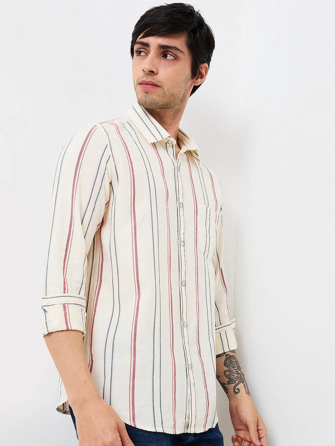 Spykar White Slim Fit Striped Full Sleeve Shirt For Men