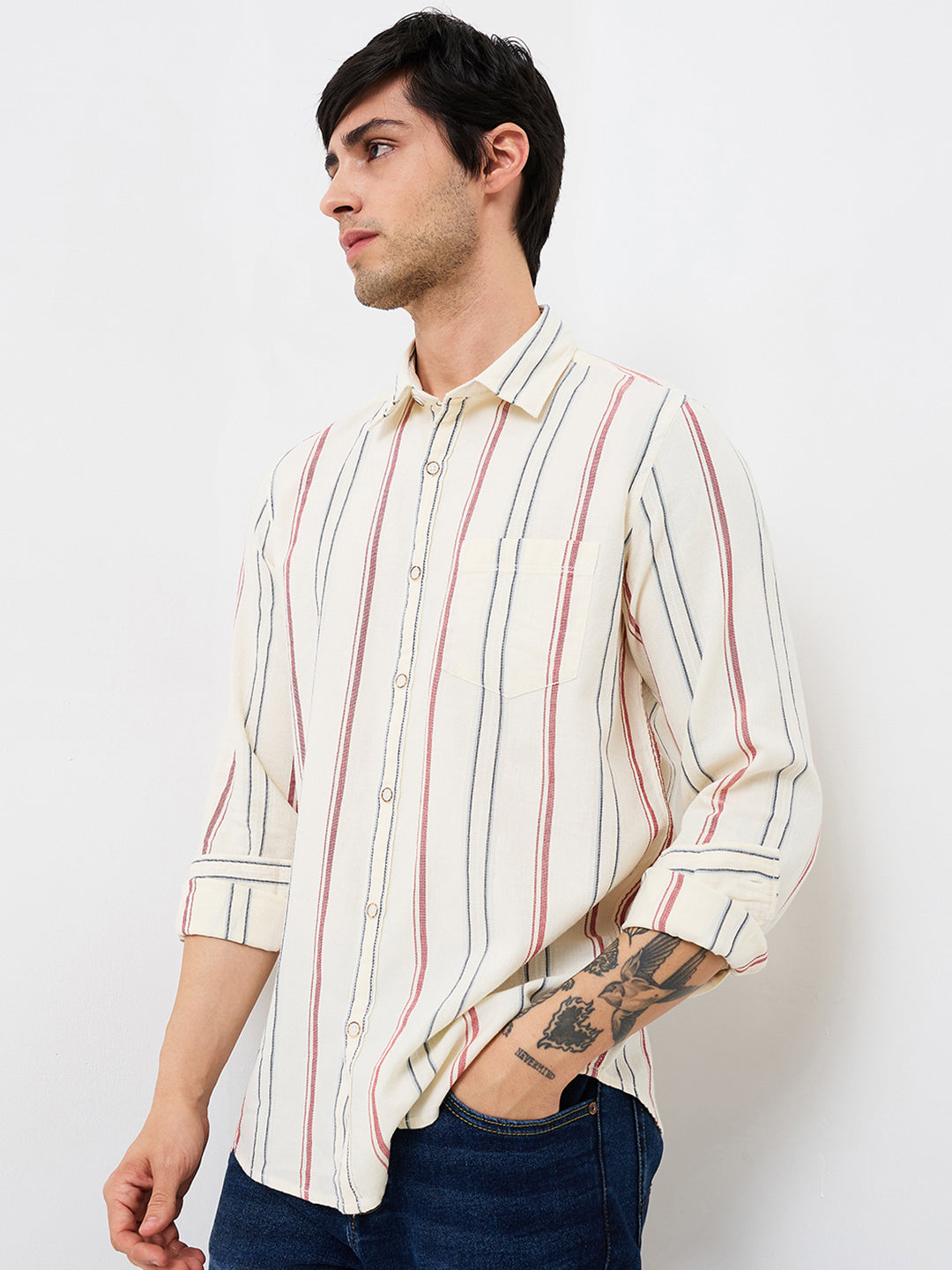 Spykar White Slim Fit Striped Full Sleeve Shirt For Men