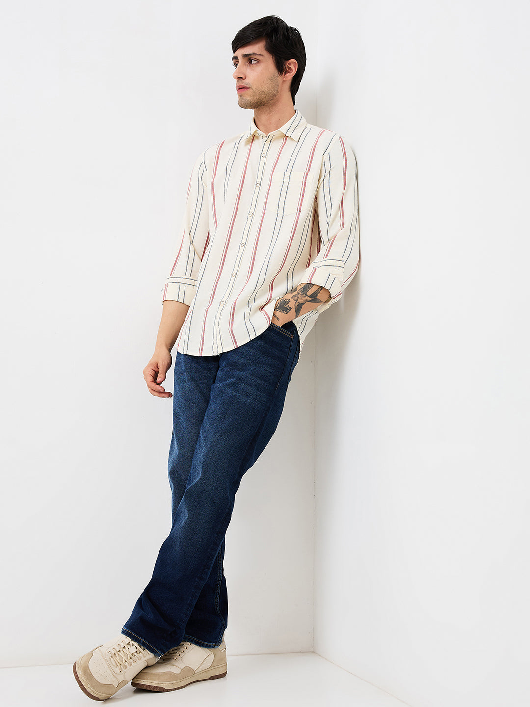Spykar Off White Slim Fit Casual Shirts For Men
