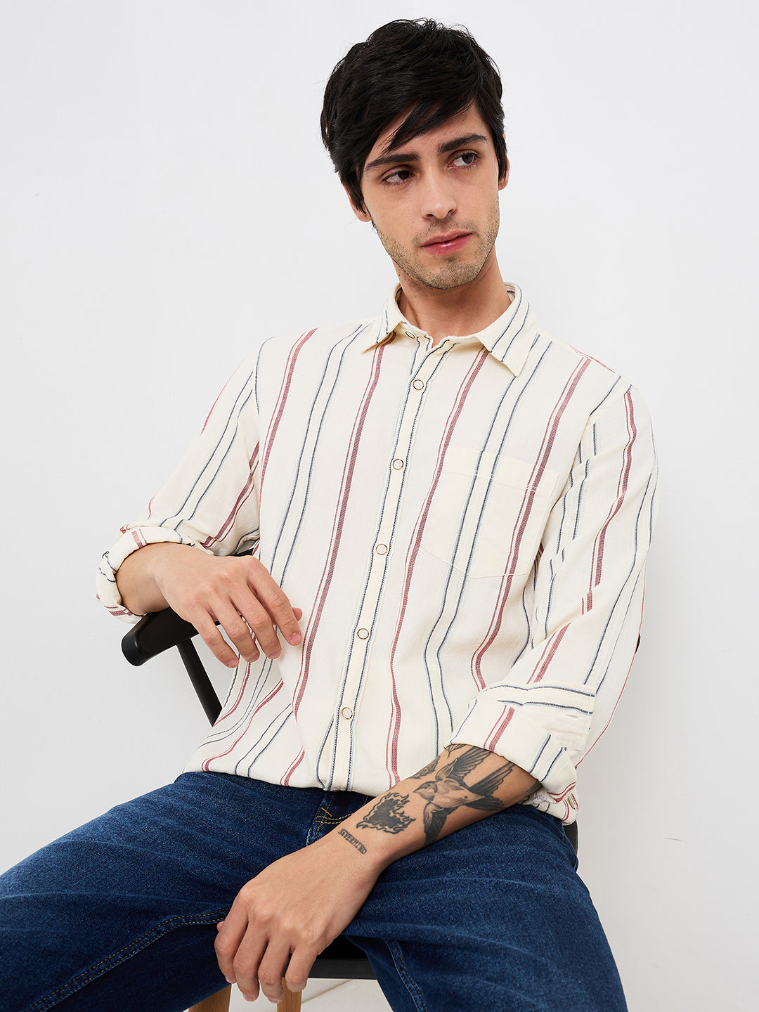 Spykar White Slim Fit Striped Full Sleeve Shirt For Men